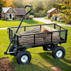 Globindus Steel Garden Cart, Heavy Duty 1500 lbs Capacity, with Removable Mesh Sides to Convert into Flatbed, Utility Metal Wagon with 2-in-1 Handle and 15 in Tires, Perfect for Garden, Farm, Yard