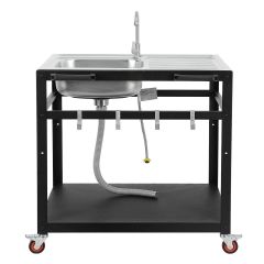 Outdoor Kitchen Sink Station Free Standing Table with Sink 304 Stainless-Steel Single Bowl Faucet & Drainboard Movable Commercial Kitchen