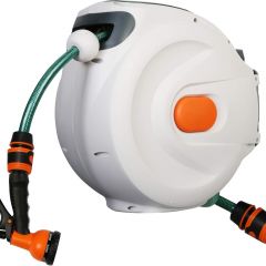 Water Hose Reel, Auto Rewind Retractable Reel With Nozzle Wall Mount (Creamy White)